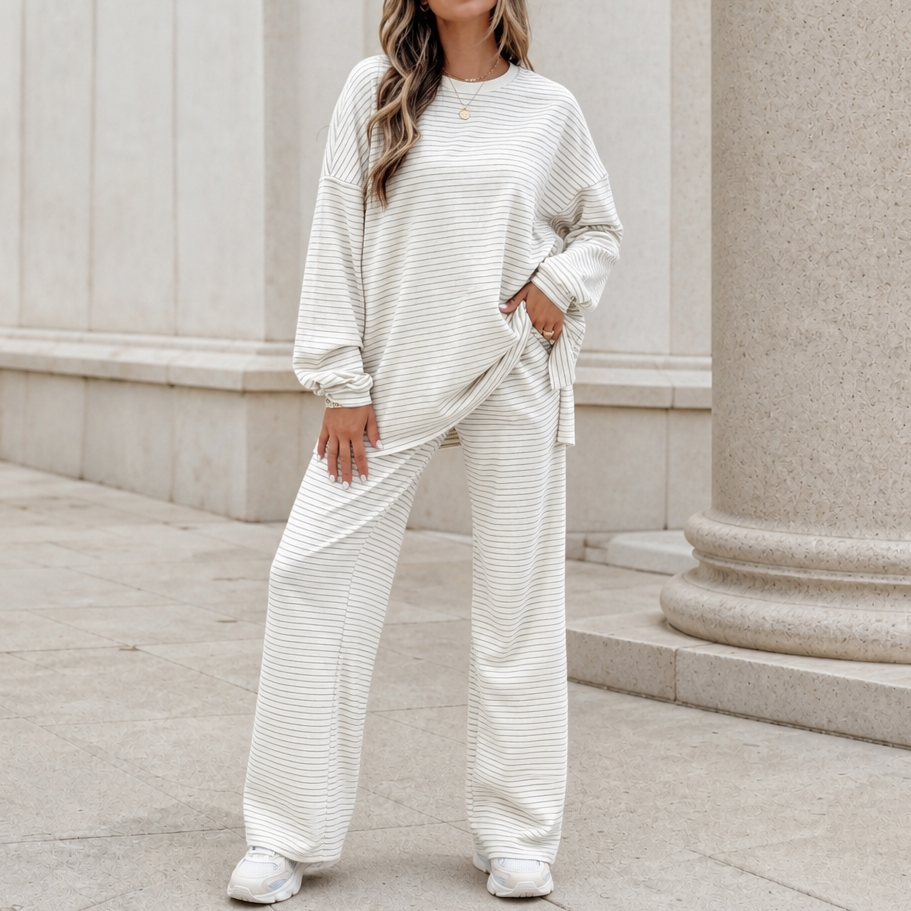 Stripe & Ease – Striped Pullover And Wide-Leg Pants Set
