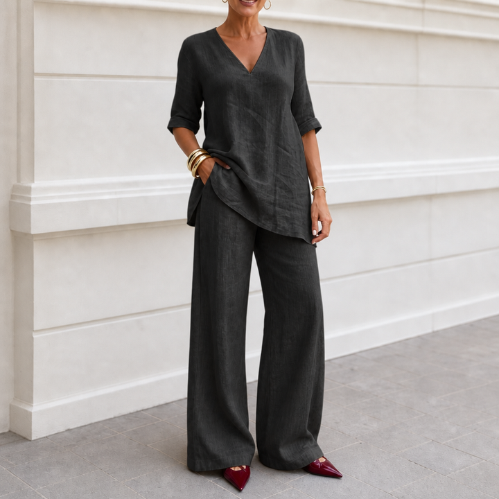 Draperly – V-Neck Linen-Look Two-Piece Set
