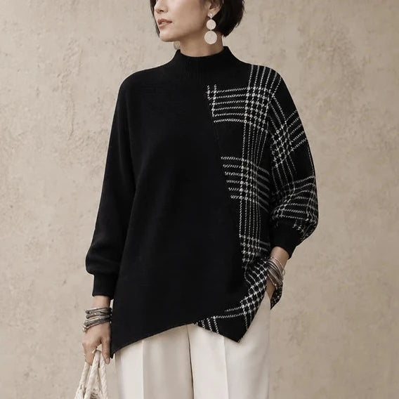 Plaidelle – Asymmetric Plaid Panel Knit Sweater