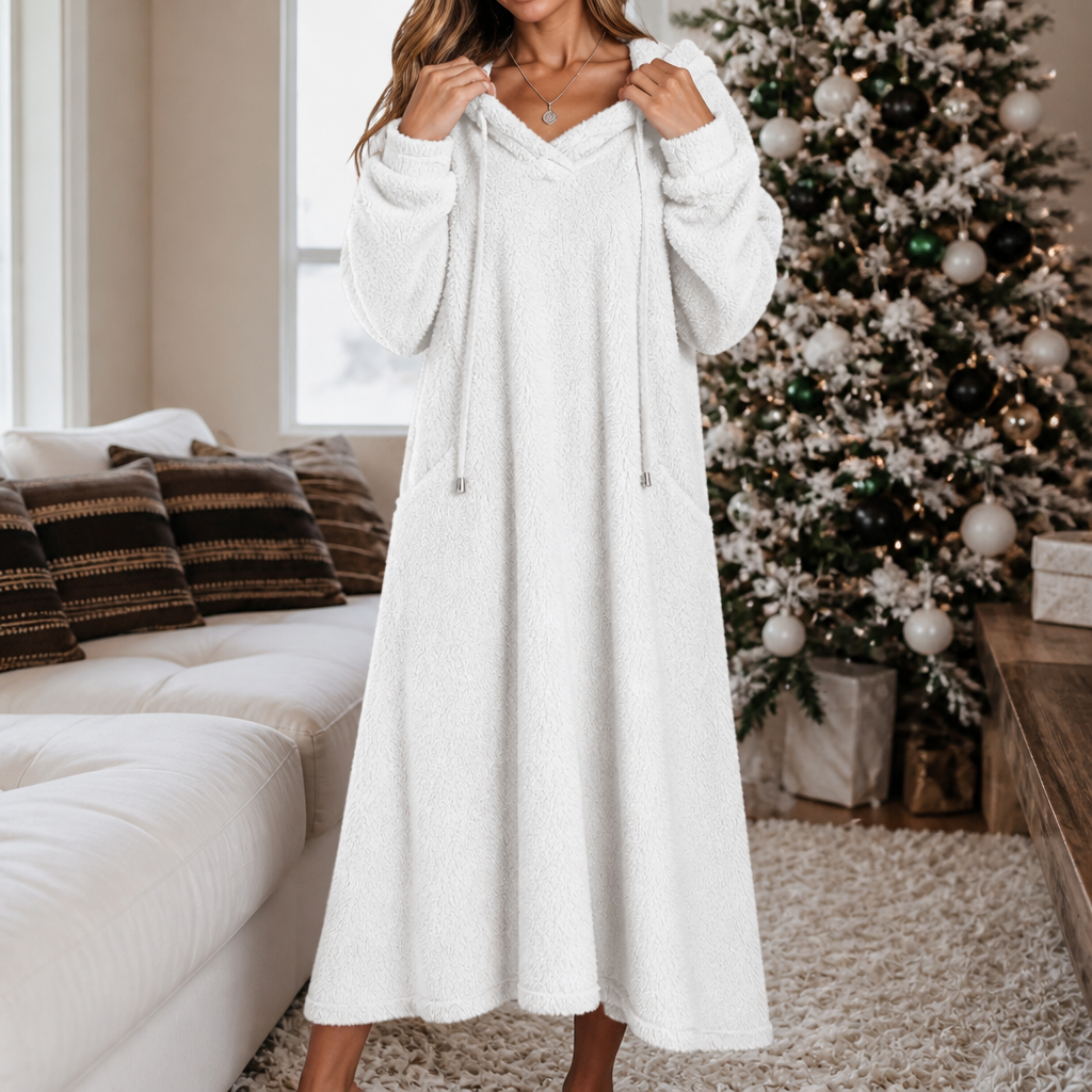 Wrapelle – Hooded Plush A-Line Maxi Lounge Dress