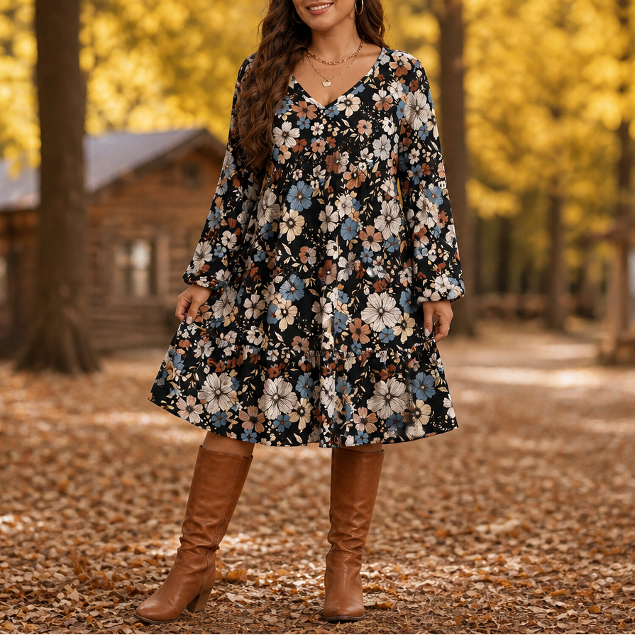 Maple Muse – Botanical Print Midi Dress