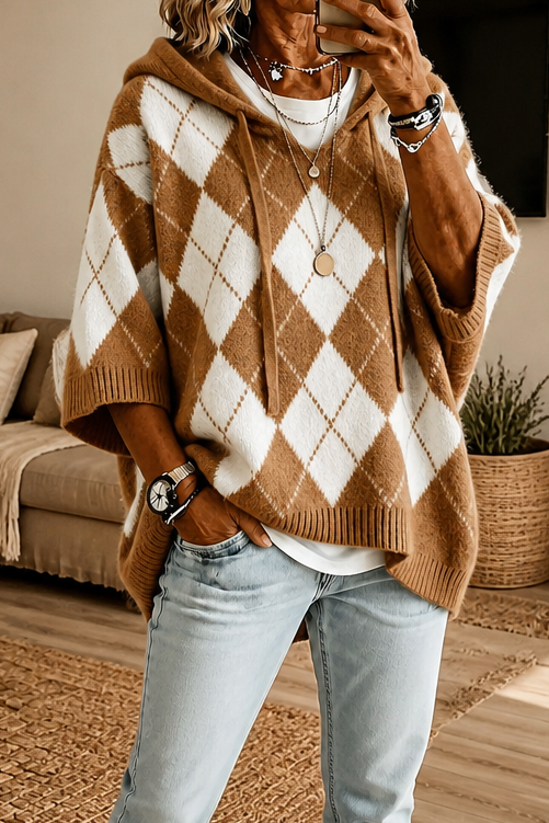 Wrapbella – Hooded Argyle Batwing Poncho Sweater