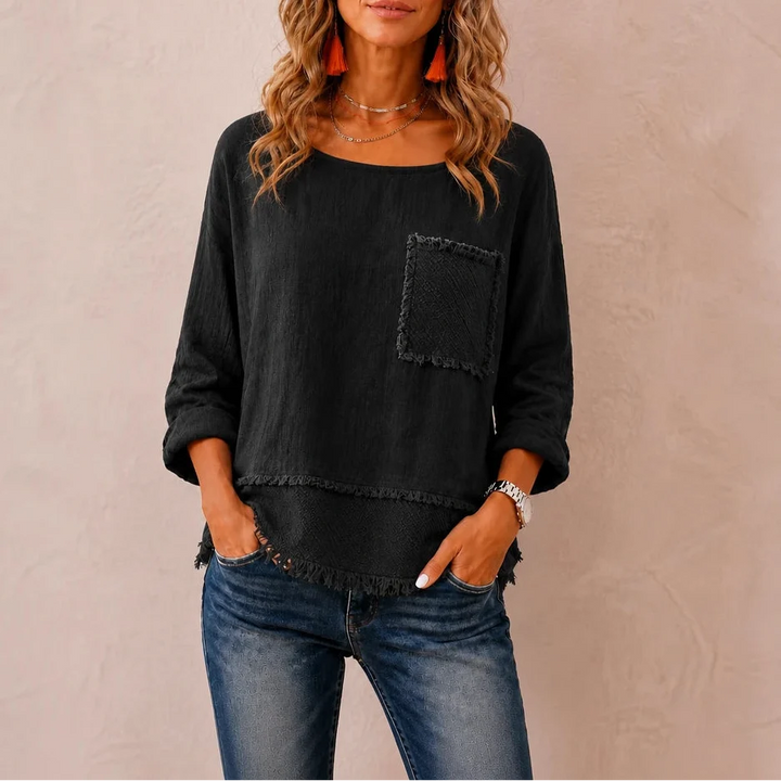 Marlowe – Crinkle-Textured Frayed-Trim Tunic Top