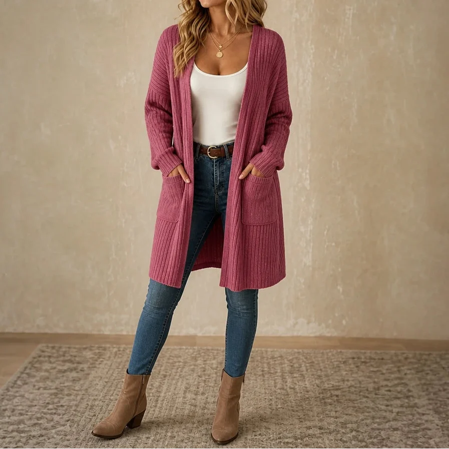Aurelle – Long Ribbed Open-Front Cardigan