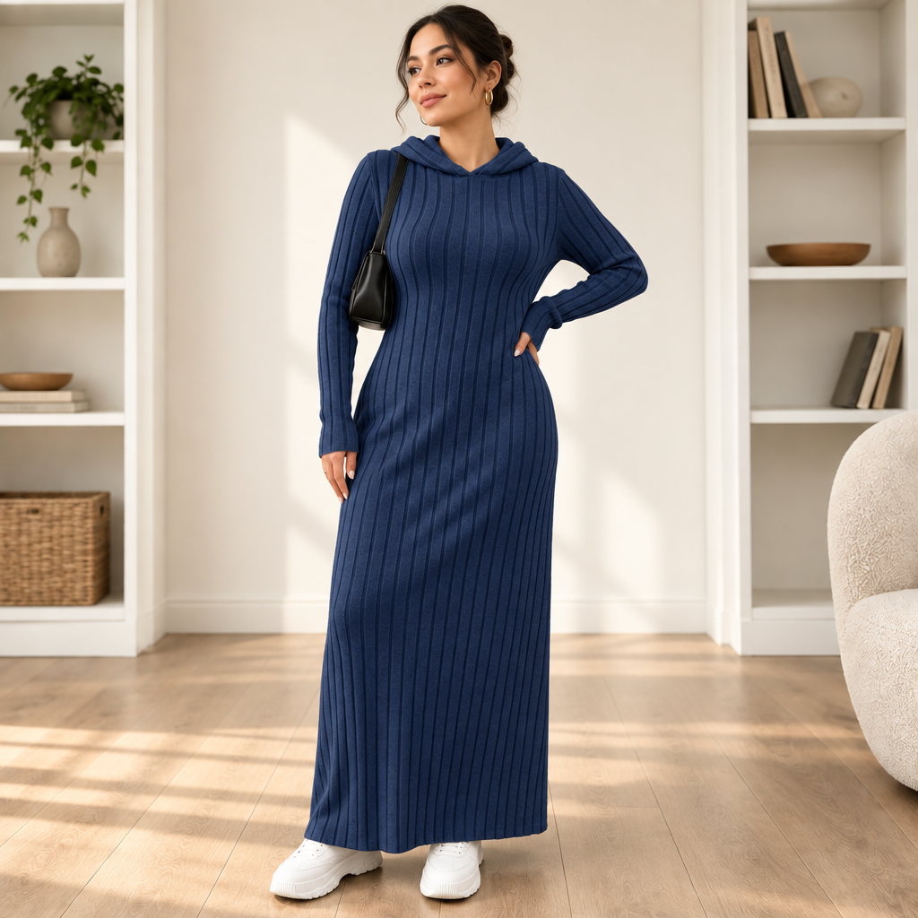 Ribwarm – Hooded Ribbed-Knit Maxi Sweater Dress