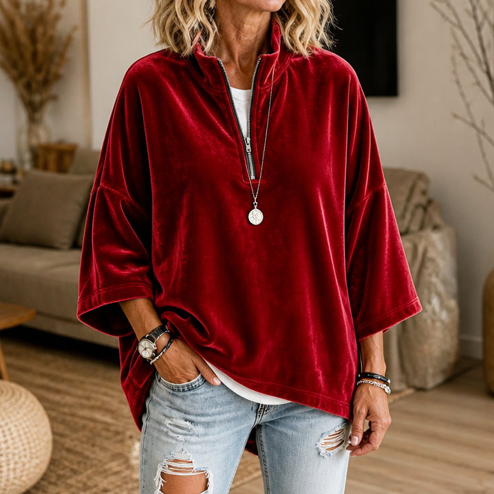Wearbella – Half-Zip Funnel Neck Velour Pullover