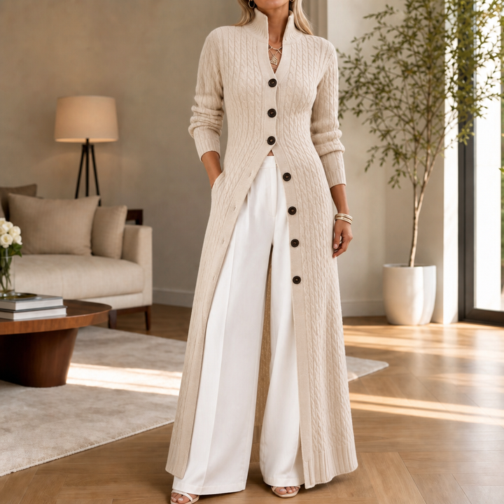 Cablewick – Vertical Cable-Knit Open-Front Duster Cardigan