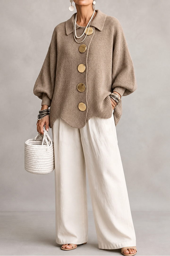 Wearbella – Oversized Scalloped-Hem Button Cardigan