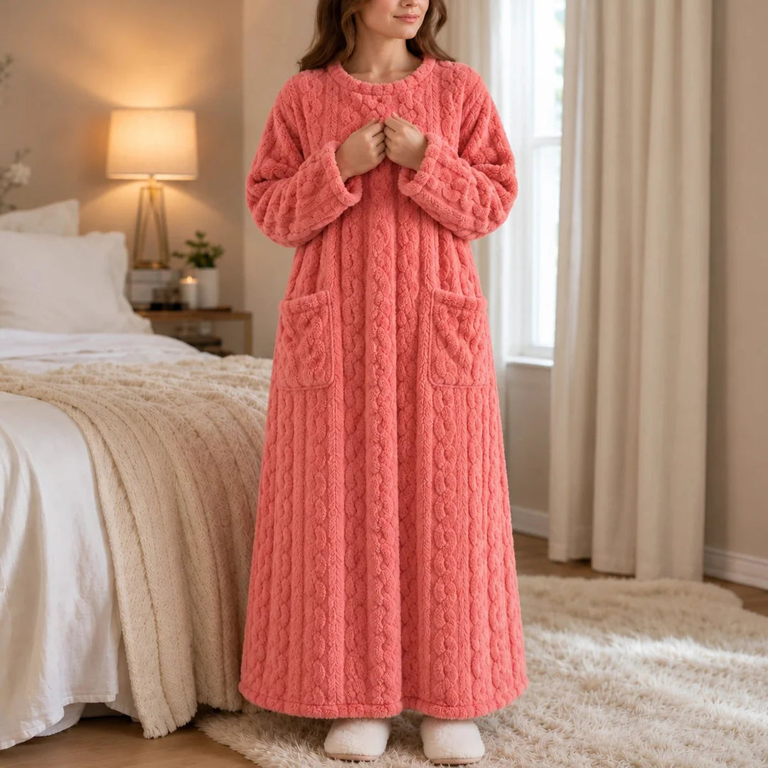 Coralhaven – Long Coral-Velvet-Look House Dress