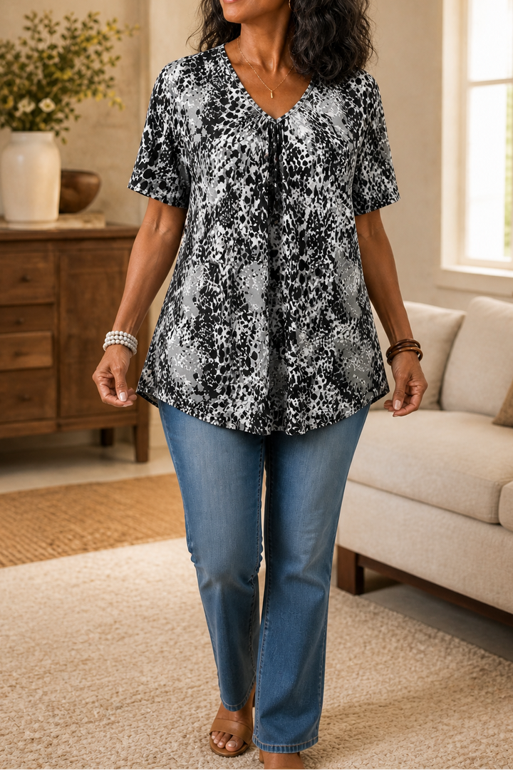 Ocella – Gathered-Bust V-Neck Leopard Print Tunic Top