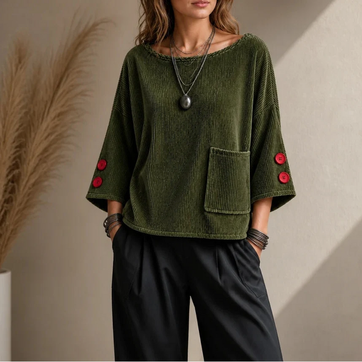 Overa – Ribbed Button-Sleeve Blouse