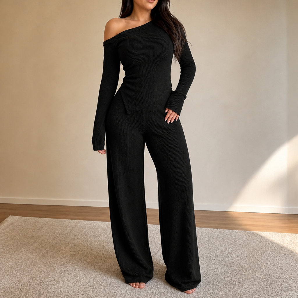Wearbella – Off-Shoulder Ribbed Knit Top And Wide-Leg Pants Set