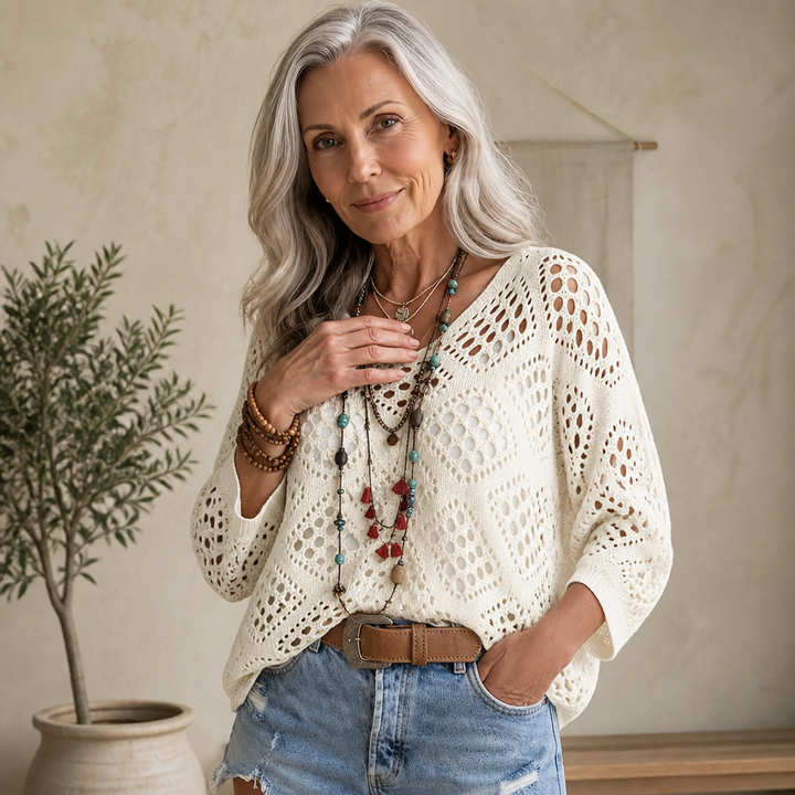 Sunlace – Diamond Openwork Drop-Shoulder Knit Top