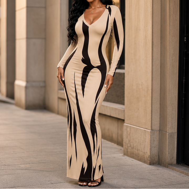 Vivelyn – Printed Long-Sleeve Bodycon Maxi Dress