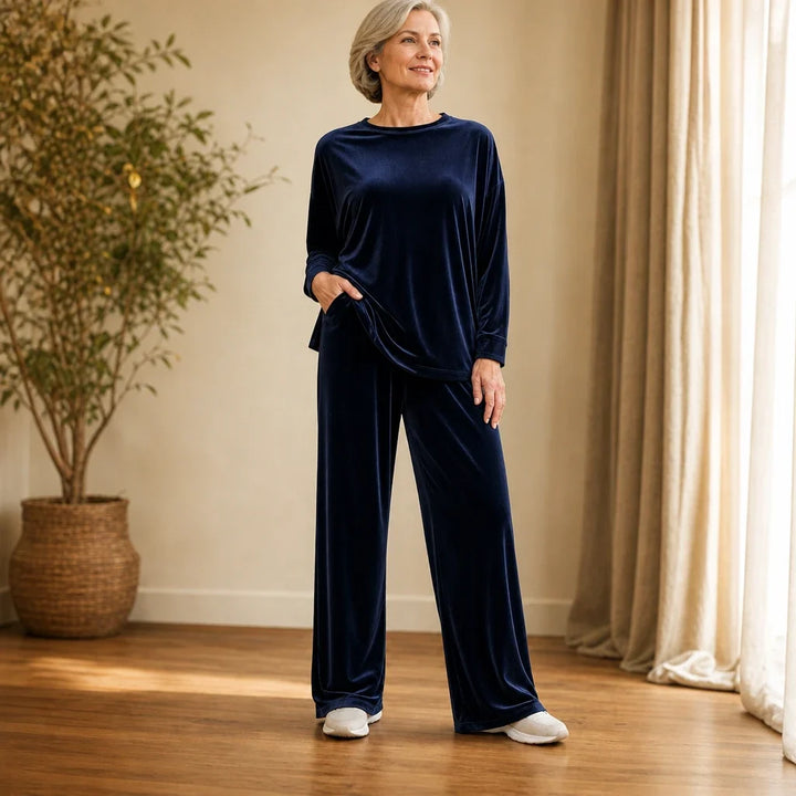 Veloura – Velvet-Look Long-Sleeve Top And Wide-Leg Pants Set