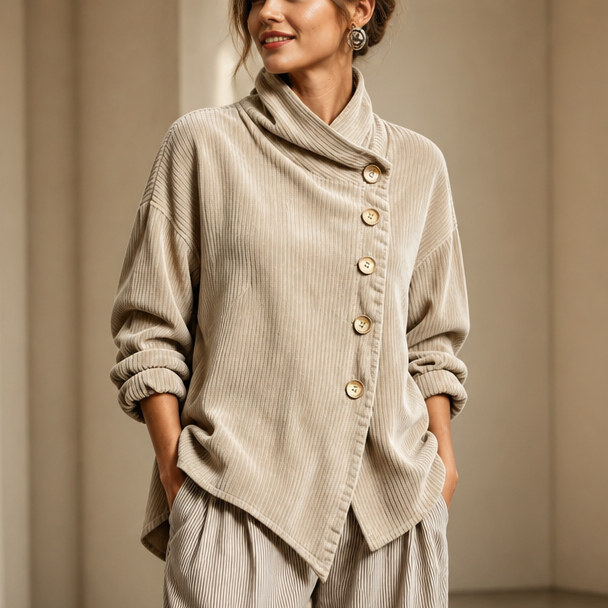 Foldover – Asymmetric Placket Funnel Neck Corduroy Top