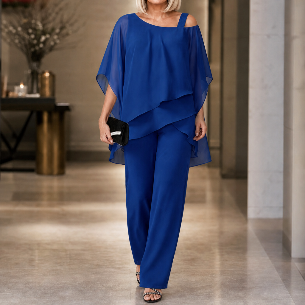 Elowen – Asymmetrical Chiffon Overlay Wide-Leg Pants Set