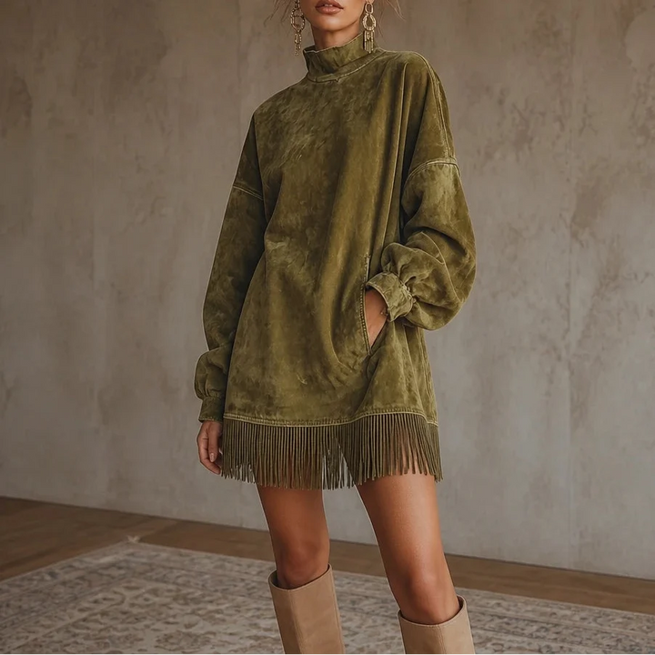 Suede Swing – Faux Suede Fringe Turtleneck Dress