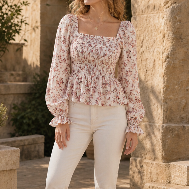Fiora – Floral Smocked Square-Neck Blouse
