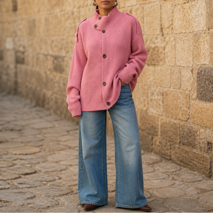 Diavelle – Diagonal Button High-Collar Knit Cardigan