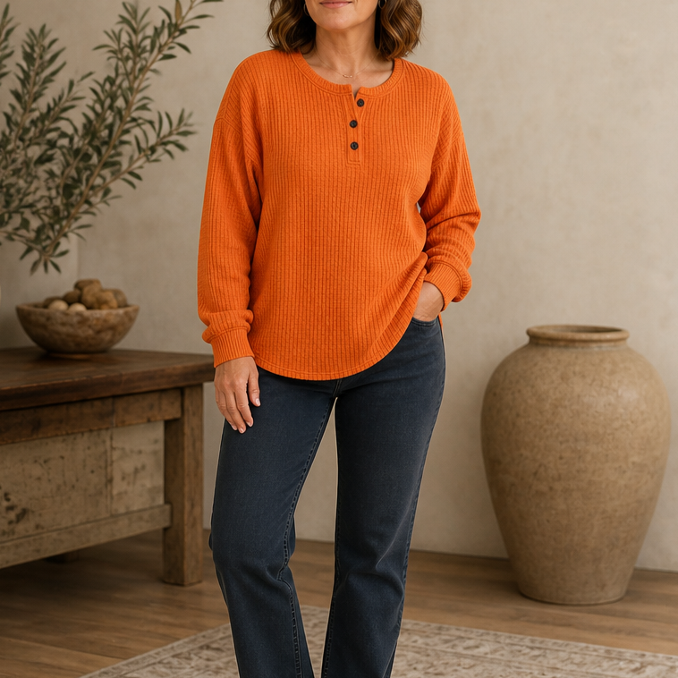 Wearla – Ribbed Waffle Knit Henley Top