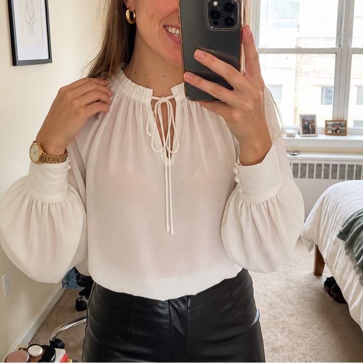 Wearbella – Chiffon Tie-Neck Lantern Sleeve Blouse
