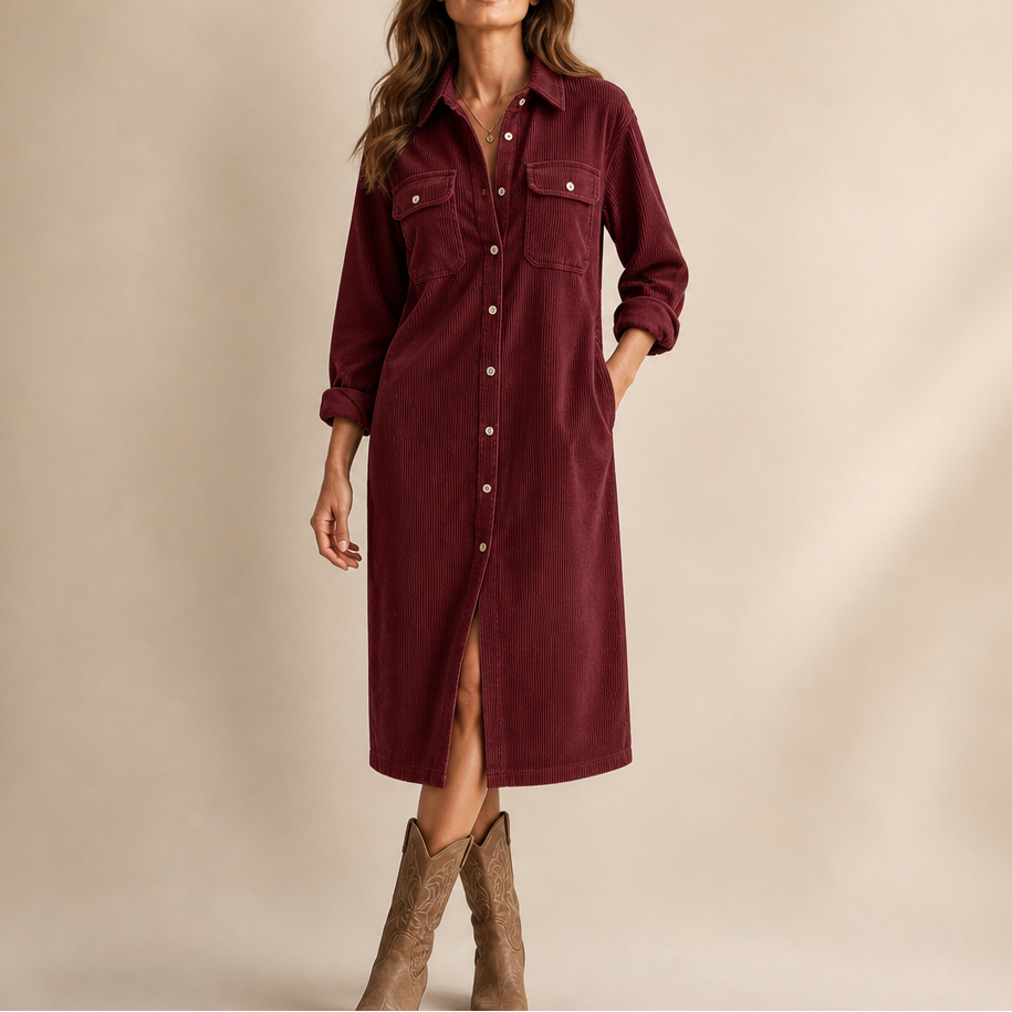 Corvella – Ribbed Corduroy Button-Front Shirt Dress