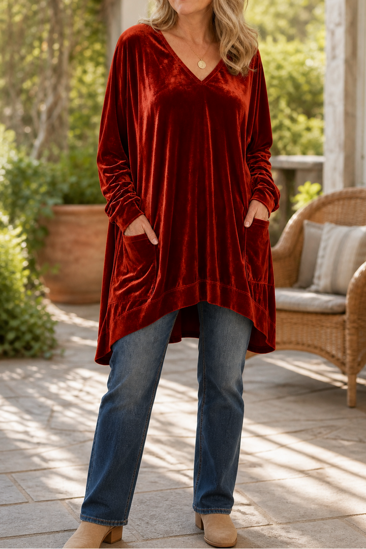 Velveau – Oversized Pocketed V-Neck Velvet Look Tunic