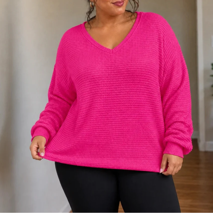 Vellune – V-Neck Waffle-Knit Long Sleeves Sweater
