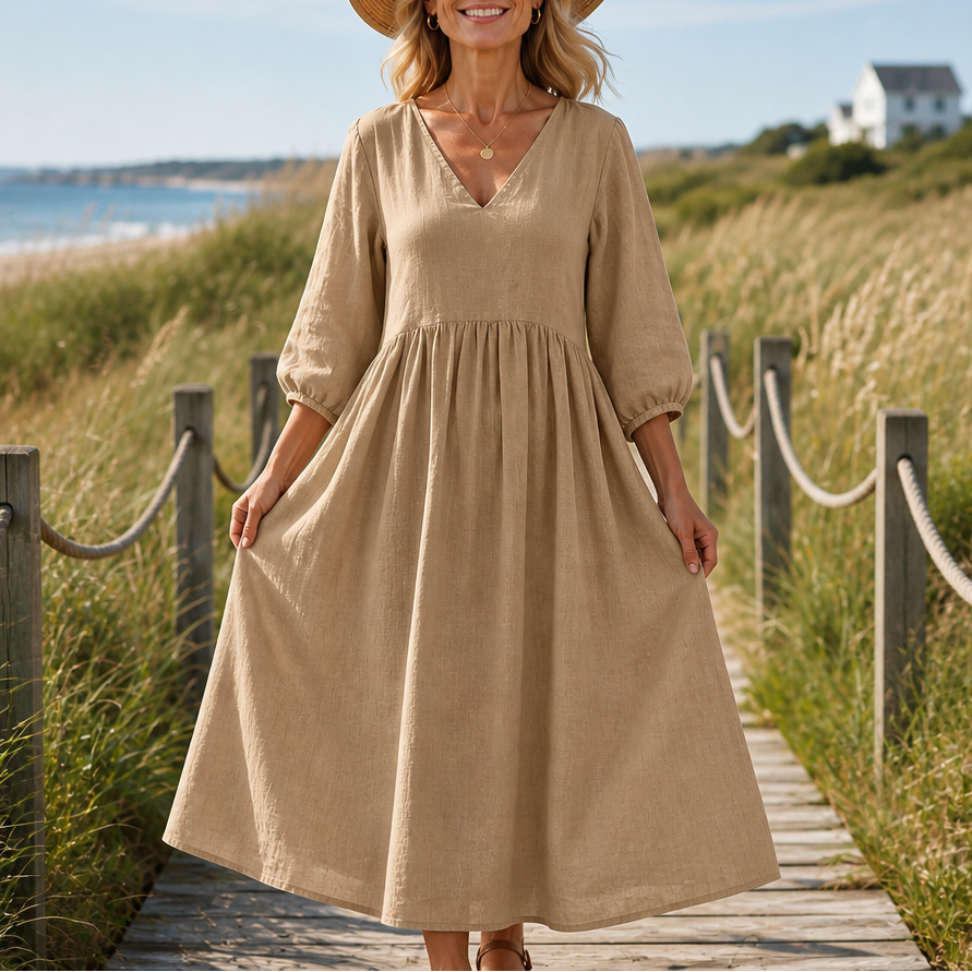 Linenova – Pleated V-Neck Cotton-Linen Look Maxi Dress