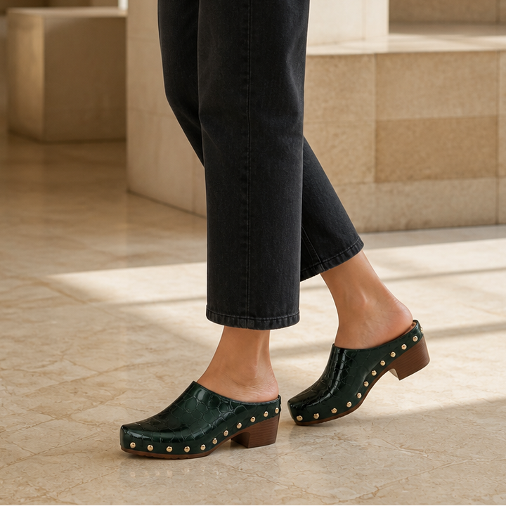 Ines Croc – Gold Dome Trim Croc-Embossed Clog Mules