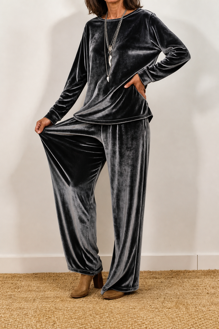 Duskvelor – Velvet-Look Wide-Leg Two-Piece Lounge Set