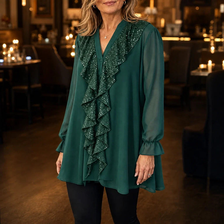 Vellora – Sequin Ruffle V-Neck Blouse
