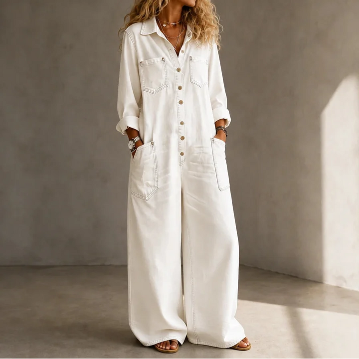 Denimbelle – Button-Front Wide-Leg Denim Jumpsuit