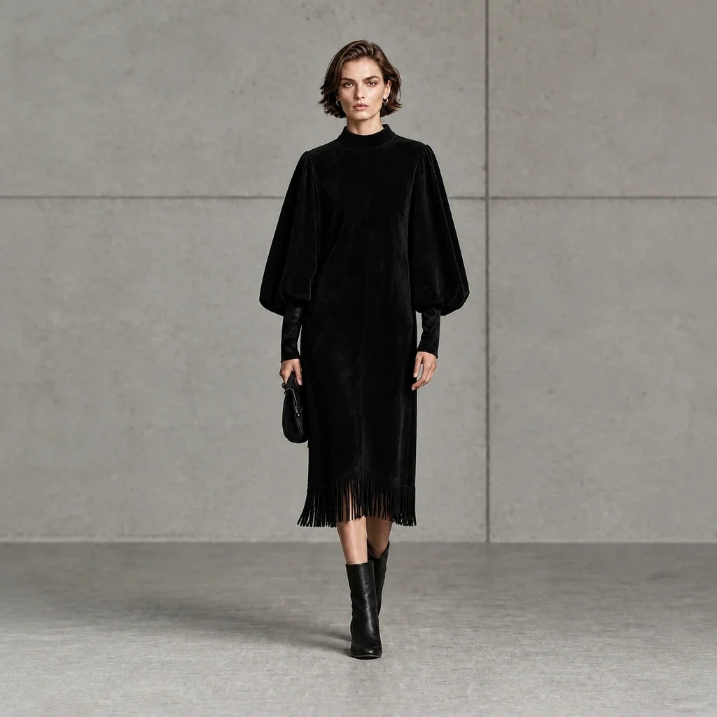 Suede Serenade – Faux Suede-Look Lantern Sleeve Fringe Midi Dress