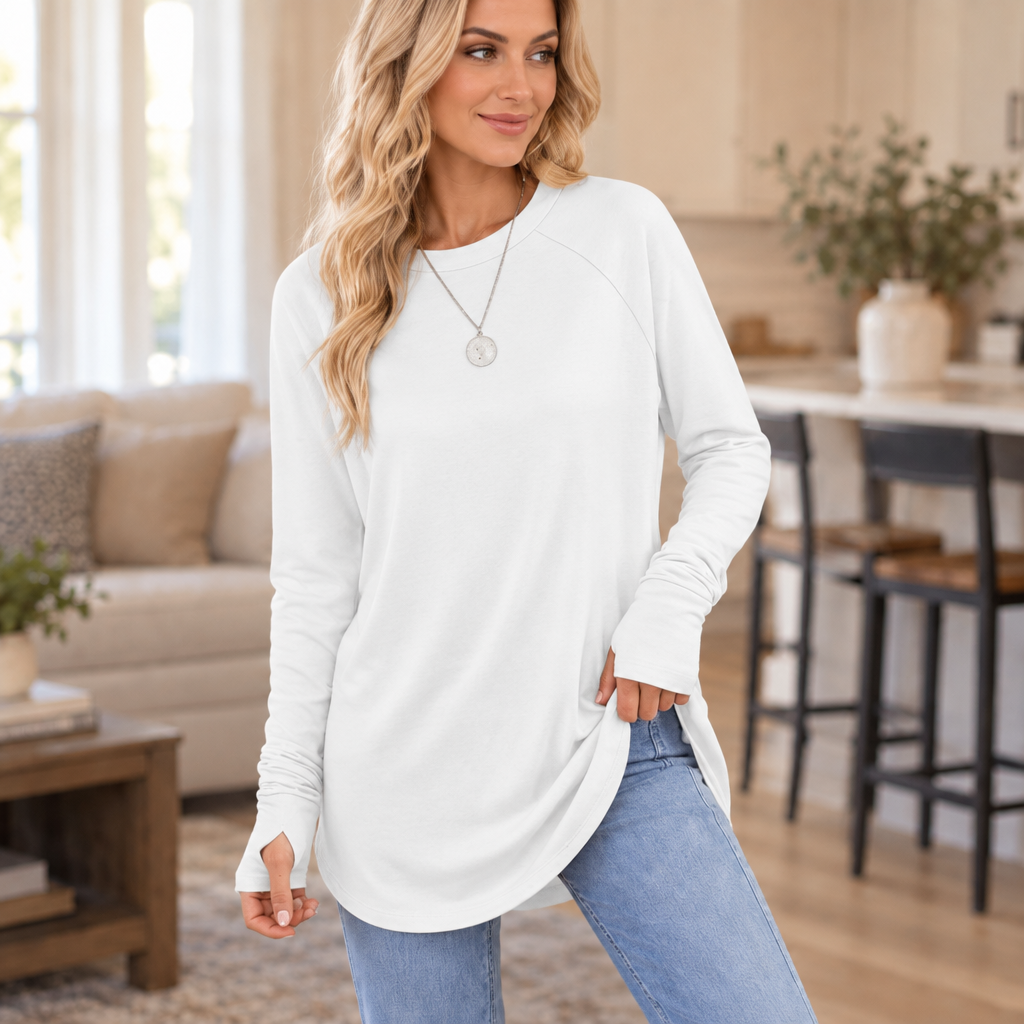 Cozelle – Thumbhole Cuff Side-Split Knit Top