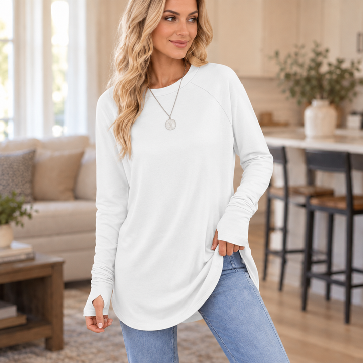 Cozelle – Thumbhole Cuff Side-Split Knit Top