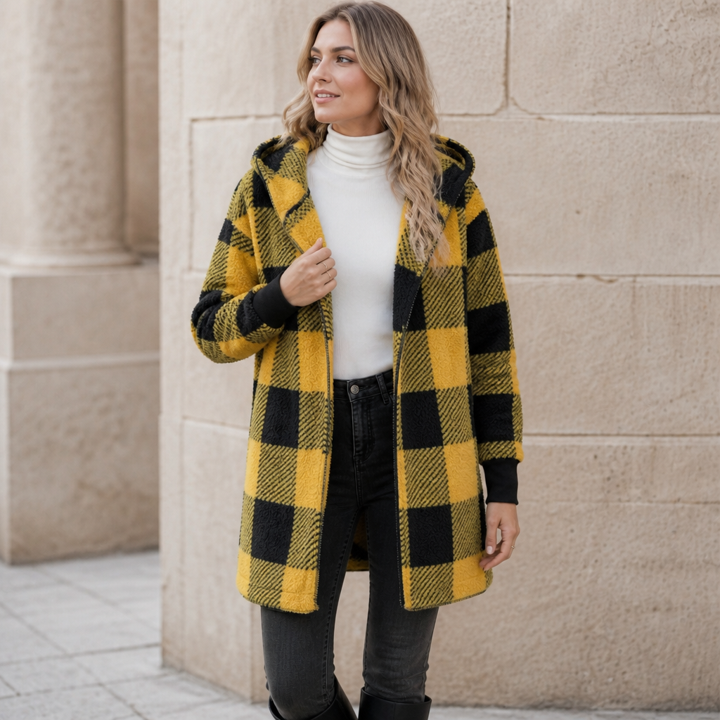 Plaidelle – Oversized Plaid Hooded Fleece-Look Cardigan