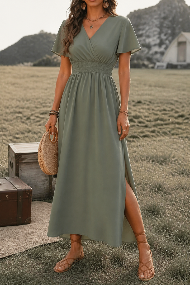 Lunetta – Button-Front V-Neck Side Slit Maxi Dress