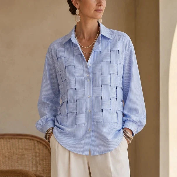 Wovelle – Raised Woven-Check Long-Sleeve Blouse