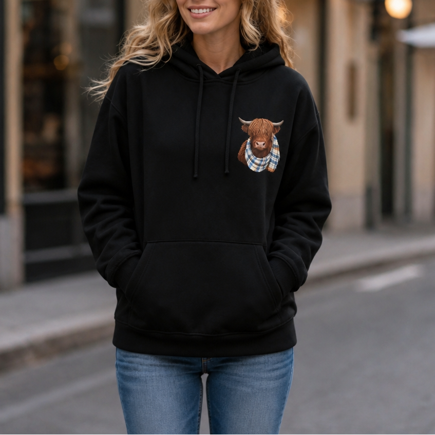 Heatherloch – Highland Cow Print Fleece-Lined Hoodie
