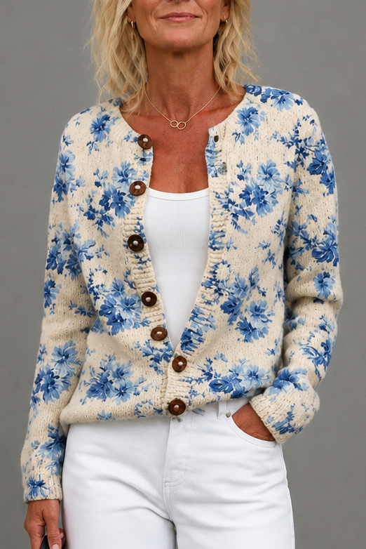 Helena – Floral Print Open-Front Knit Cardigan
