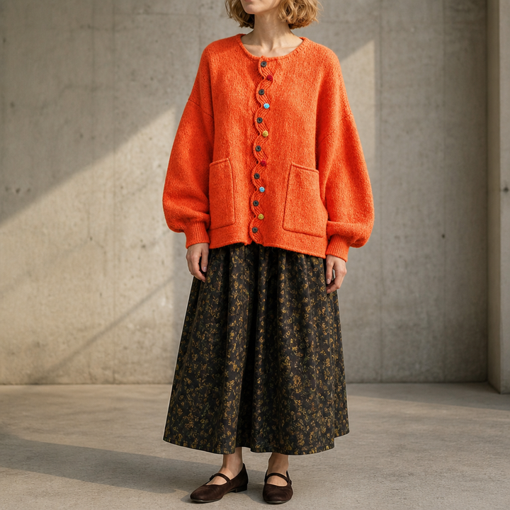 Wavelyn – Wavy Placket Lantern Sleeve Cardigan