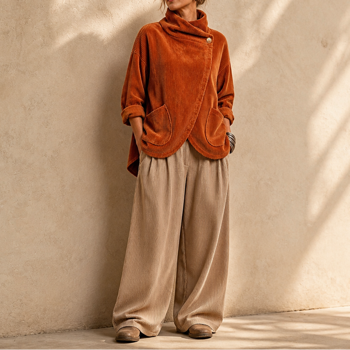 Draperly – Asymmetric Hem Hooded Corduroy Poncho
