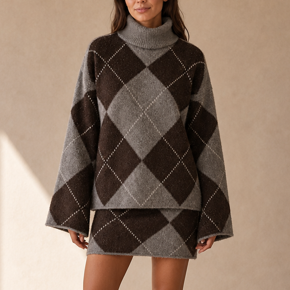 Argyline – Argyle Knit High-Neck Top And Skirt Set