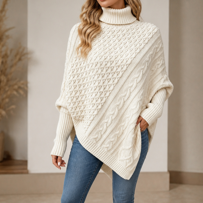Cable & Cove – Cable-Knit Turtleneck Poncho Sweater