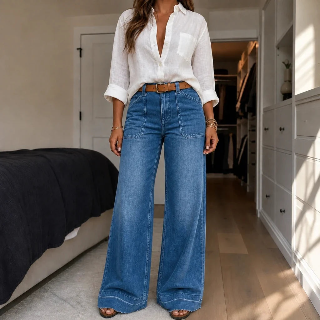 Leglength – Wide Folded-Hem Stretch Denim Flare Jeans