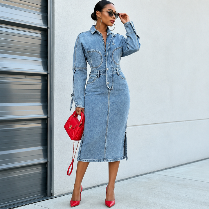 Wearbella – Half-Zip Collared Tie-Cuff Midi Dress