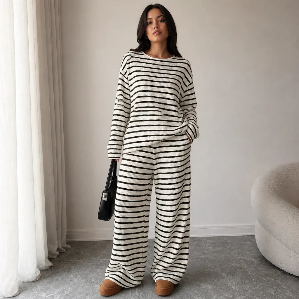 Stripe & Ease – Striped Long-Sleeve Top And Wide-Leg Pants Set