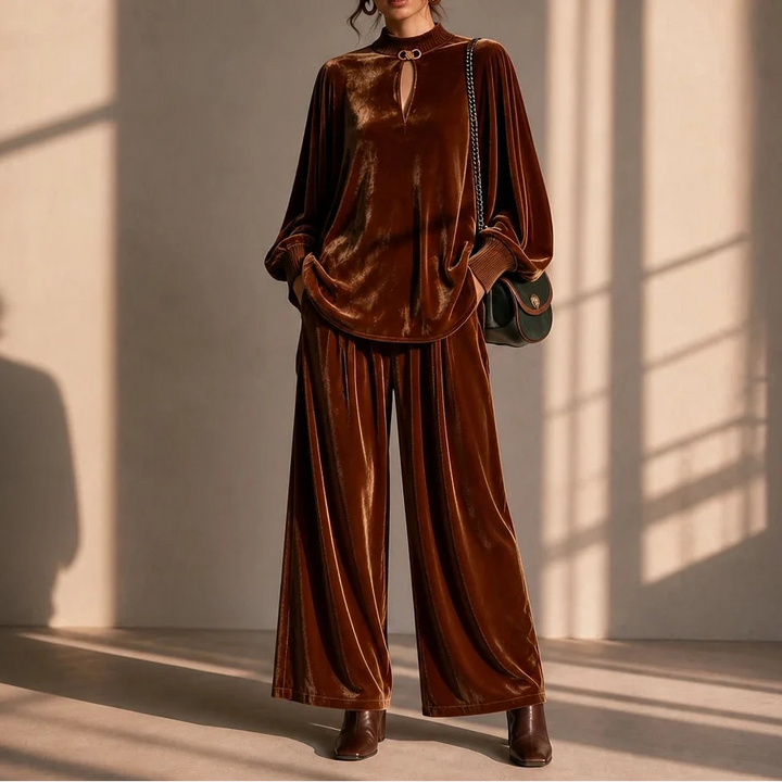 Veloura – Keyhole Velvet Top And Wide-Leg Trouser Set